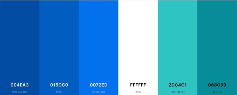 Colour palette of blue and green shades with hex codes