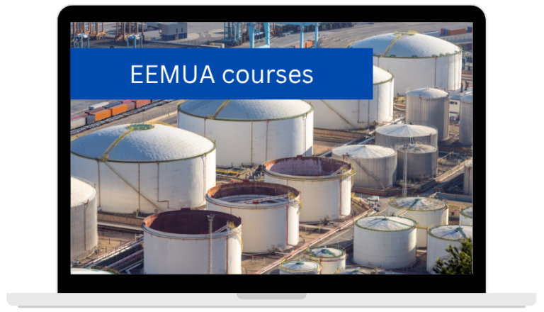 Laptop showing a picture of tanks and text 'EEMUA courses'