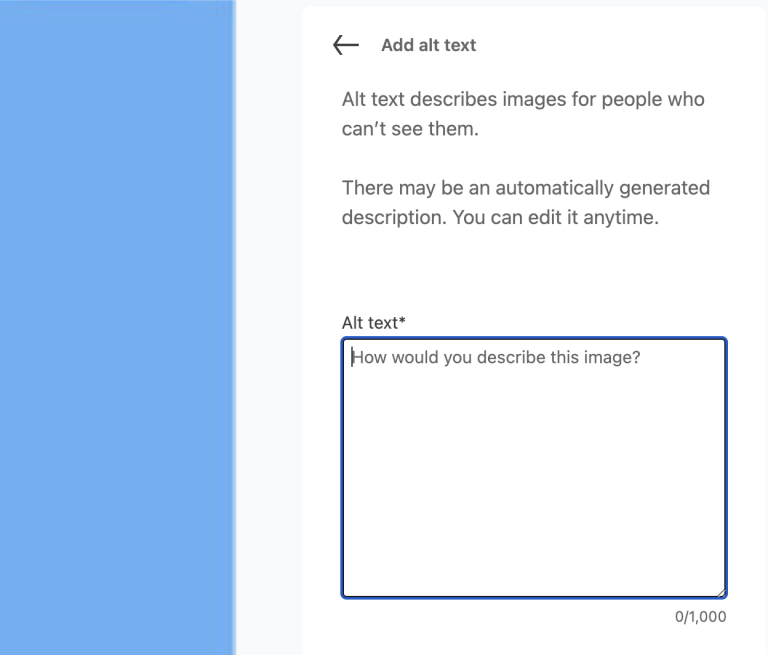 Screenshot of an alt text entry box