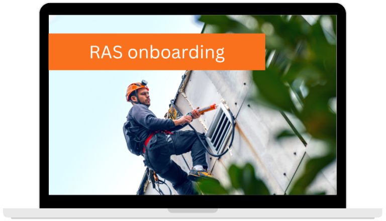 Laptop showing a rope access operative and the the title 'RAS onboarding'