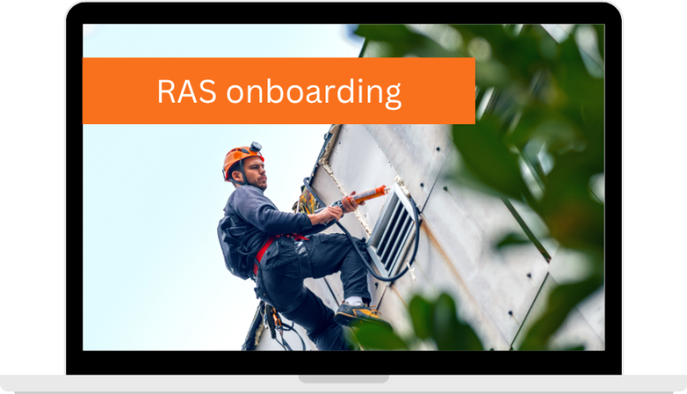 Laptop showing a picture of a rope operative and the title 'RAS onboarding'